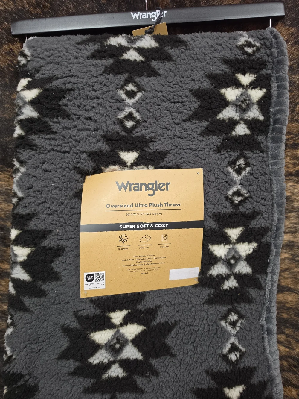 Wrangler Gray and Black Aztec Plush Throw